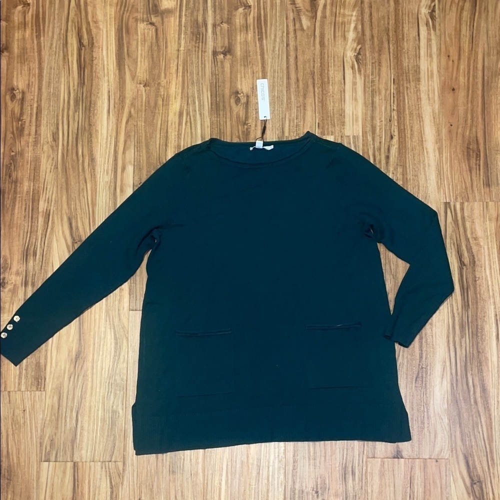 Chicos women’s large 12 sweater tunic Dark Green knit round neck pockets NWT